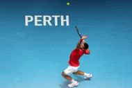 Novak Djokovic in action during his round-robin match at the 2024 United Cup.